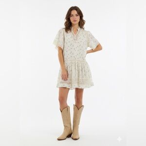 Easel Ivory Floral Mini Dress Cottagecore Festival Cowgirl Costal Dress